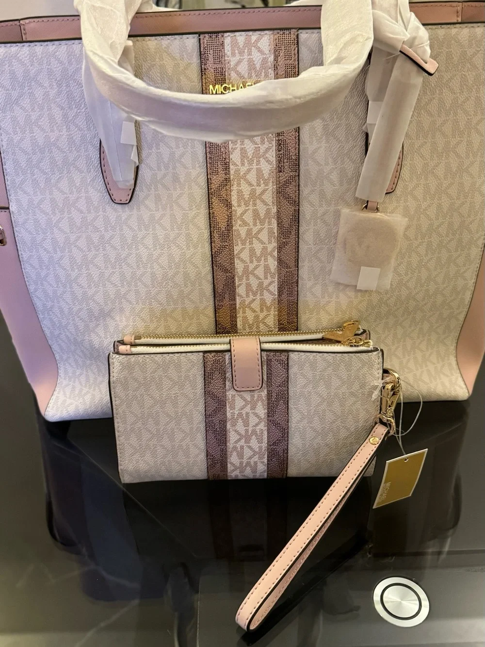 Michael Kors Cream and Brown Logo Wristlet and Clutch Set